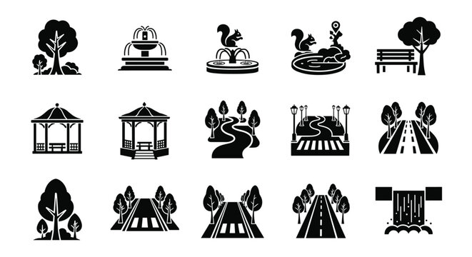 Black silhouette icons of park elements including trees, benches, fountains, pathways, and gazebos on white background.