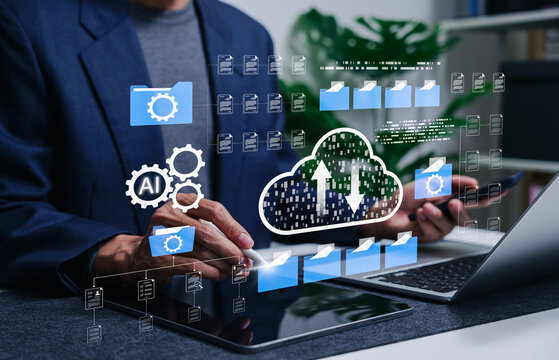 Cloud computing technology and AI document management system concept. file automation system, upload data, organize online corporate files folder, digital backup transfer, network security, Agentic AI