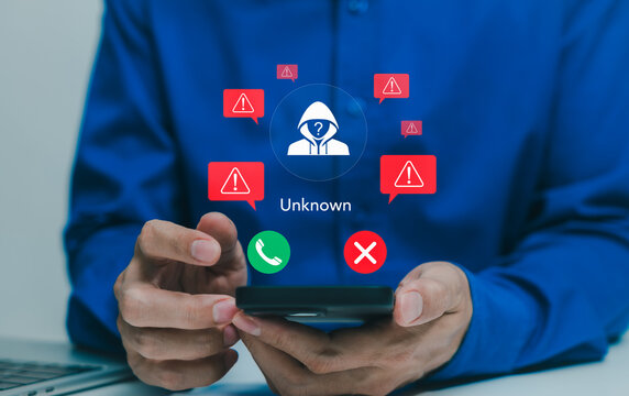Unknown caller warning and phone scam protection concept. Person using smartphone, suspicious alerts, unknown identity, accept or reject, fraud risk, phishing prevention, mobile security, cyber safety