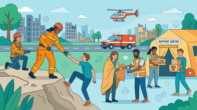 Rescue teams help persons in need on World Day Against Trafficking in a city