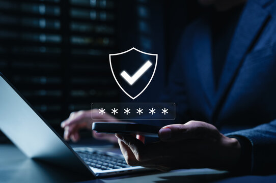 Cybersecurity and identity protection concept. enters password on smartphone with shield check icon, showing secure mobile login, MFA authentication, OTP verification, encrypted access, data privacy