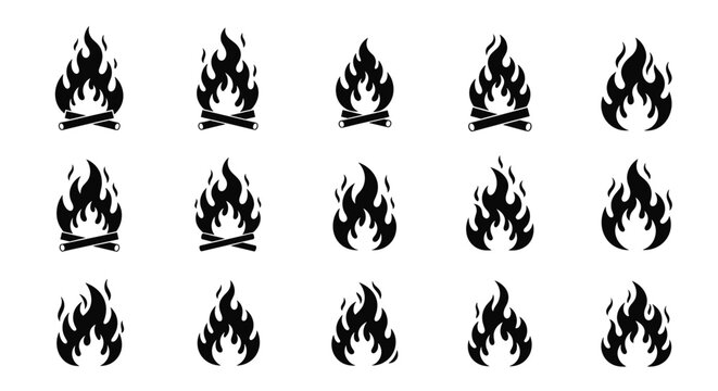 Collection of black silhouette icons of various campfire and bonfire flame designs with logs on white background.