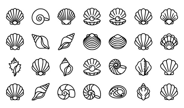 Black seashell Icon set ocean shel silhouette vector collection