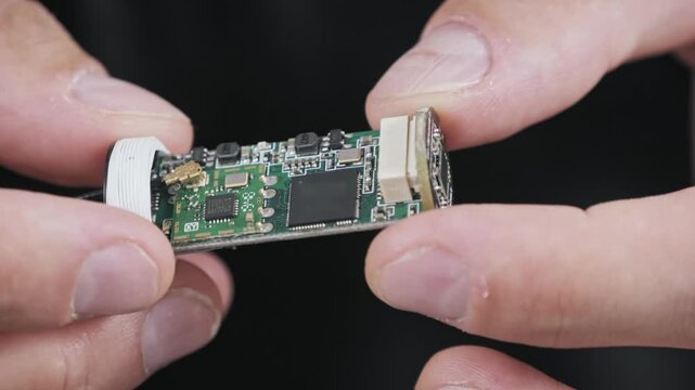 Close-up of hands holding and examining a tiny integrated circuit board. This microelectronic module with a chip sensor is a component for modern compact technology.
