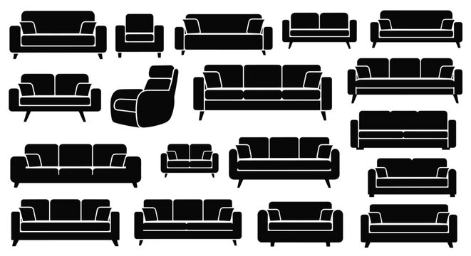 Black silhouette templates of various sofas, couches, and armchairs for living room interior design layouts.