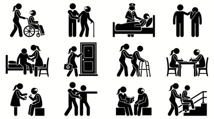 Fototapeta premium a collection of silhouette icons representing elderly care services.
