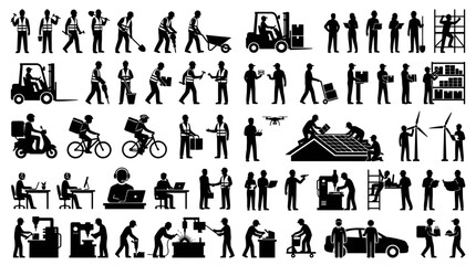  a collection of construction worker silhouettes illustrating various trades and machinery. © Rabeya's Stock