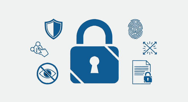 Hand-drawn flat graphic blue icons illustrating privacy security and u