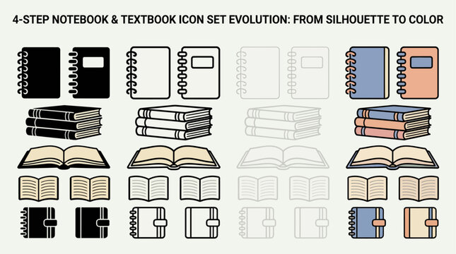  "Notebook & Textbook Icon Set Evolution: From Silhouette to Outline."