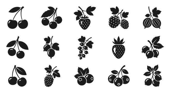 Group of black silhouette icons of various forest and garden berries on branches isolated on white background.