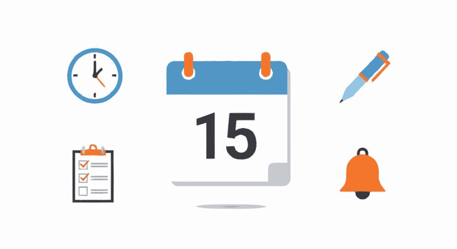 Hand-drawn flat graphic illustration of a blue clock a blue calendar i