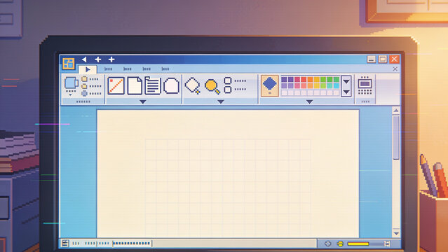 Retro computer monitor displays a vintage digital painting software interface with a blank white canvas and colorful pixel art tools