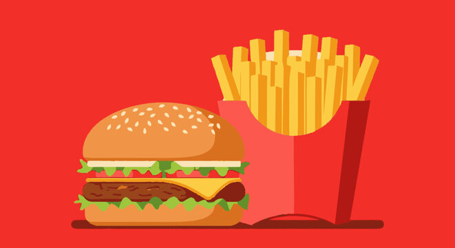 Hand-drawn flat graphic illustration of a classic cheeseburger with se