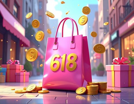 Pink Shopping Bag with 618 and Gold Coins on a City Street.