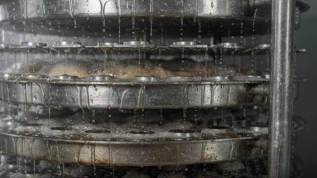 Closeup on wet distillation column trays showing moisture accumulation and vapor interactions within trays and downcomers during shutdown.