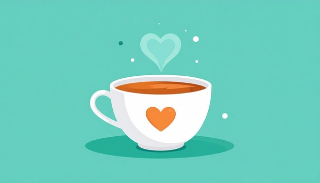 Coffee cup with heart shaped latte art on turquoise background.