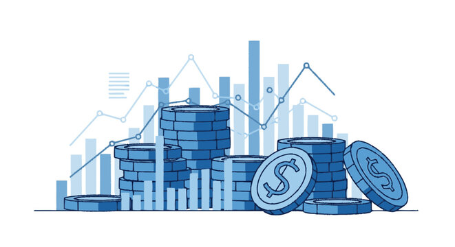 Hand-drawn flat graphic illustration of blue bar charts and a line gra