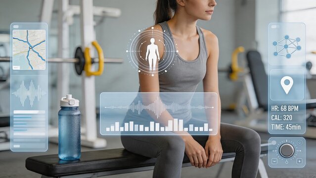 Athletic woman resting on gym bench with augmented reality fitness data overlay showing heart rate, calories burned, and workout time, smart technology tracking health metrics and