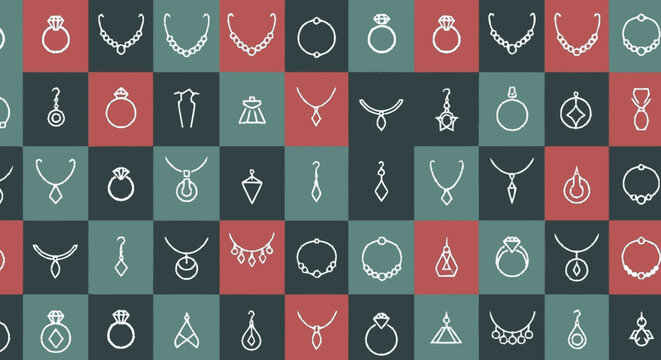 Hand-drawn flat graphic seamless pattern of white outline jewelry icon