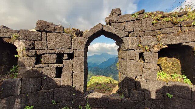 Timelapse during sunset and moving clouds at Ratangad fort ruins, Bhandardara, Maharashtra.