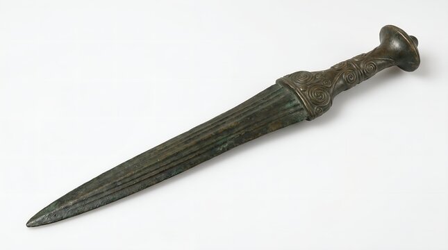 Ancient Bronze Dagger with Intricate Handle and Scabbard - Historical Artifact