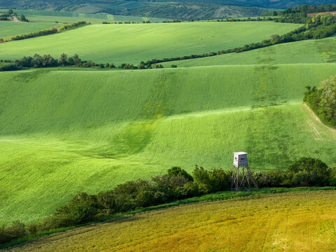Aerial view of rolling green hills in Moravia with a wooden hunting tower