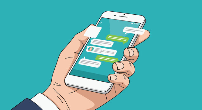Close-up of a human hand holding a modern white smartphone displaying a messaging app with colorful chat bubbles inside.