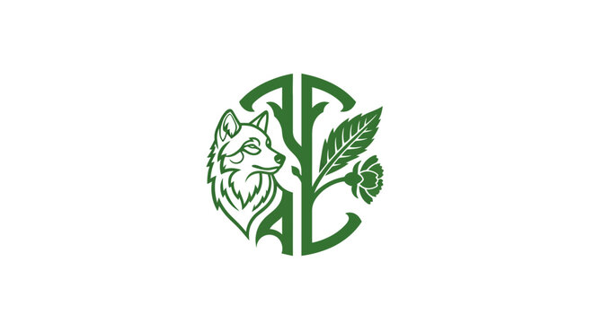 Green circular logo with wolf and tree design.