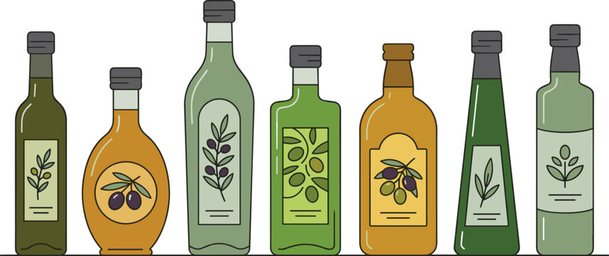 Olive oil glass bottle vector collection. Different shaped bottles, olive branches, leaves, green and yellow glass containers, organic labels and kitchen cooking ingredients.