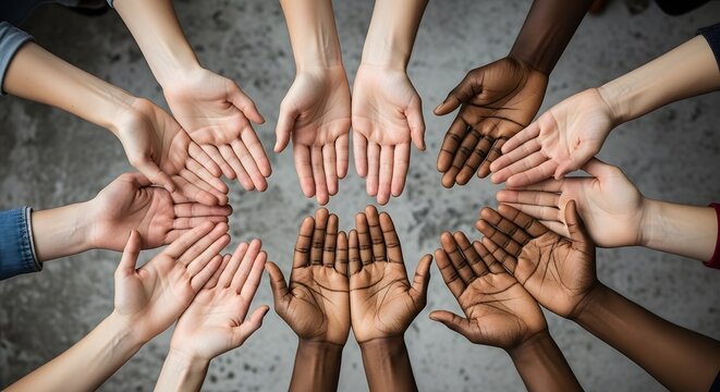 Happy friendship day diverse hands united in a circle of support and togetherness