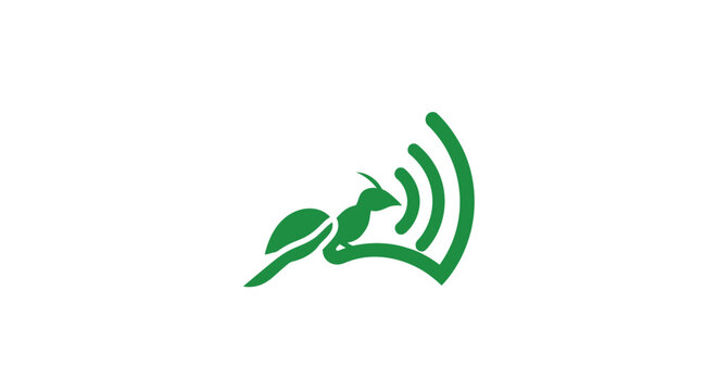Green grasshopper icon with sound waves design.