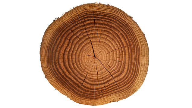 Detailed cross-section of a rough oak tree trunk with visible growth rings, isolated on transparent background