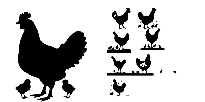 Mother Hen with Baby Chicks Clustered Together Silhouette