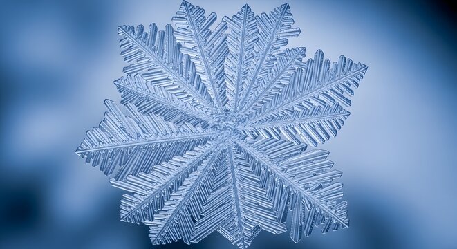 Intricate crystal snowflake on blue background.