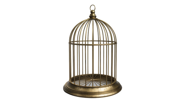 Ornate antique brass birdcage with decorative base, isolated on transparent background