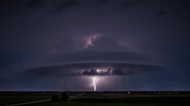A powerful supercell storm illuminates the night sky with bright electric lightning bolts