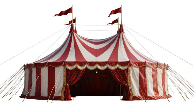 Grand red and white striped circus tent with ornate gold trim and red curtains, isolated on transparent background