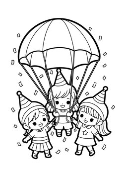 Children holding colorful parachute illustration.
