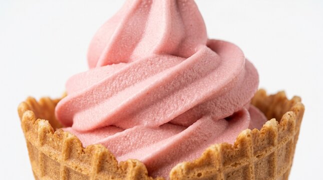 Commercial close-up food photography of a classic straberry soft serve ice cream cone &ndash; premium dairy dessert advertising, summer confectionery culinary branding 