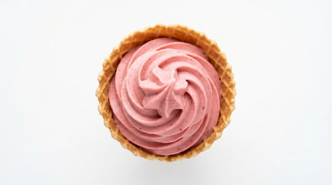 Commercial close-up food photography of a classic straberry soft serve ice cream cone &ndash; premium dairy dessert advertising, summer confectionery culinary branding 