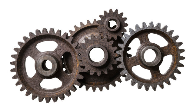 Rusty metal gears interlocking, isolated on transparent background