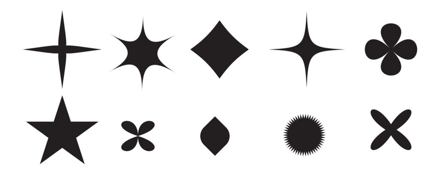 Abstract black sparkle and star shapes set isolated on white background. Retro futuristic geometric light effect vector icons bundle banner template.