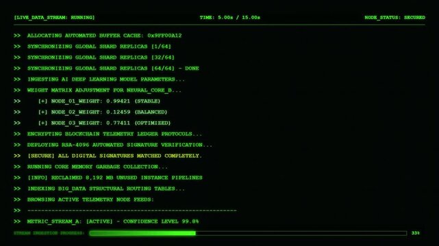 AI Data Stream Terminal Live Neural Network Blockchain Encryption Animation.