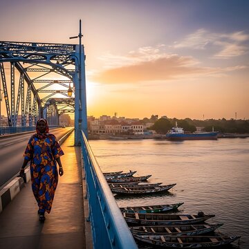 Woman in Colorful Dress Walking on Blue Bridge at Sunset Over River