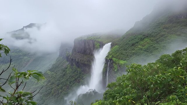 Timelapse of moving clouds and waterfall in western ghats of India.