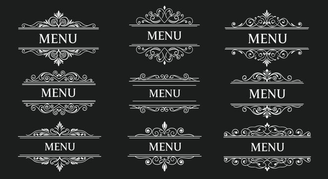 Vintage chalk style hand drawn menu frames and dividers set isolated on a dark chalkboard background for restaurants and cafes.