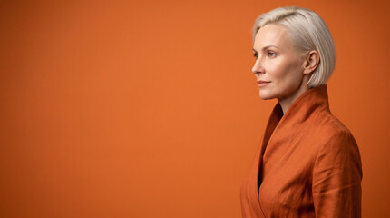 Fototapeta premium Confident senior woman posing against orange background in studio