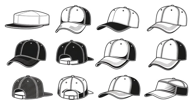 Black and White Baseball Cap Designs Arranged on White Background