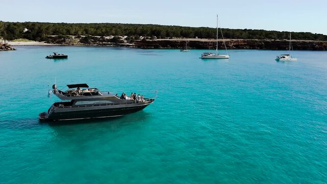 Aerial view of yachts anchored in the popular island of Formentera, Spain.