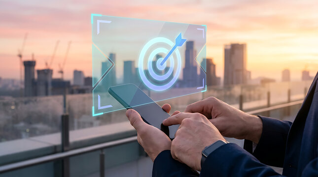 Man's hands holding smartphone with futuristic holographic target and dart icon overlay overlooking city skyline at sunrise symbolizing goal achievement